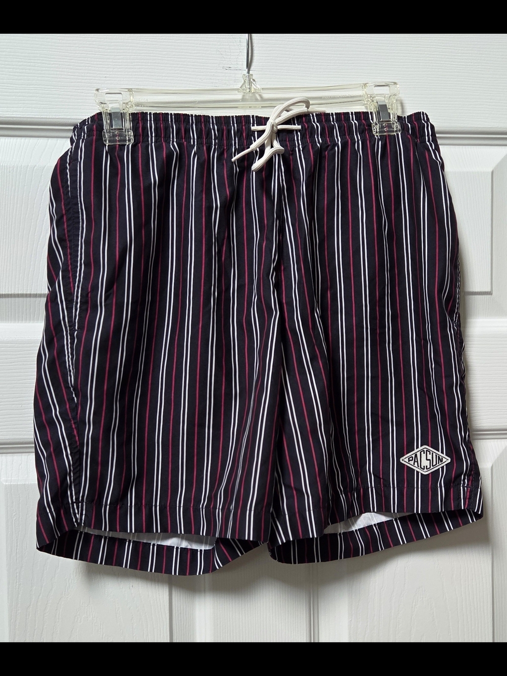 PacSun Black Swim Trunks with White and Pink Stripes